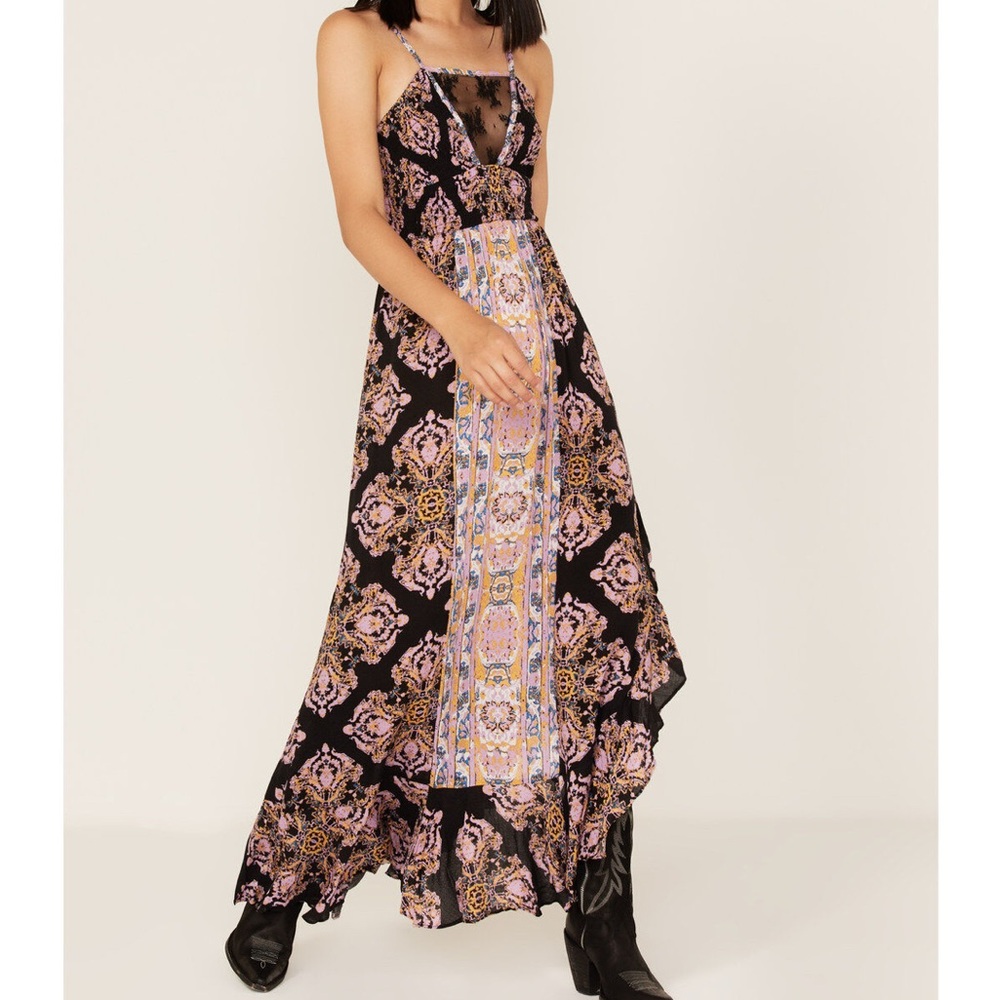 Free People Black Maxi Dress with Pink and Gold Paisley Print